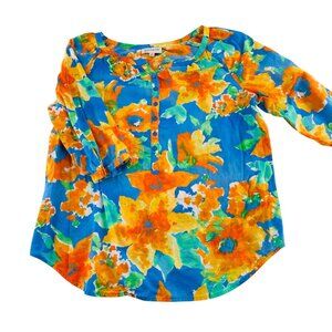 Jones New York Sport Floral‎ Blouse XL 100% Cotton Womens 3/4 Sleeve Blue Orange
